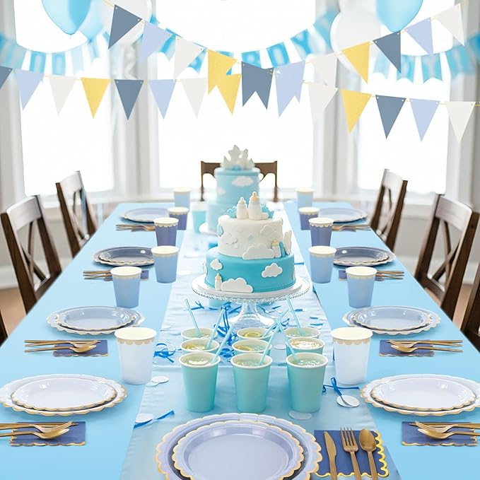 Mimorou 342 Pcs Dusty Blue Party Supplies Blue Tableware Paper Disposable Plates Napkins Cups Plastic Tablecloth Navy Triangle Banner for Winter Wedding Bachelorette Birthday