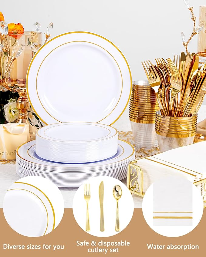 GATHER 350PCS Gold Plastic Plates - White and Gold Disposable Plastic Dinnerware Set Include 50 Dinner Plates, 50 Dessert Plate, 150 Silverware, 50 Napkins, 50 Cups for Party & Wedding & Christmas