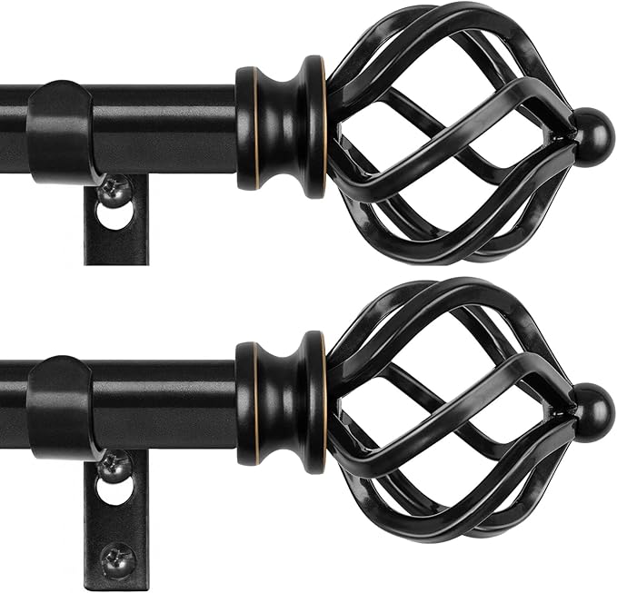 KAMANINA 2 Pack Curtain Rods 32 to 58 Inches (2.6-4.8ft), 3/4 Inch Black Curtain Rods for Windows Splicing Adjustable Single Drapery Rod with Twisted Cage Finial, for Indoor and Outdoor