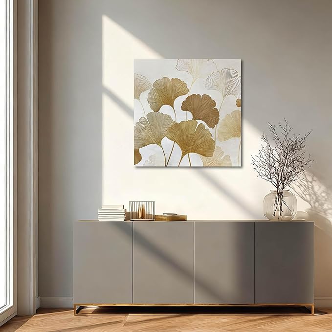 ZENPEE Beige Ginkgo Botanical Wall Art, Canvas Print, Neutral Floral Home Decor for Living Room Bedroom, Ready to Hang, Framed, 24 x 24 Inches