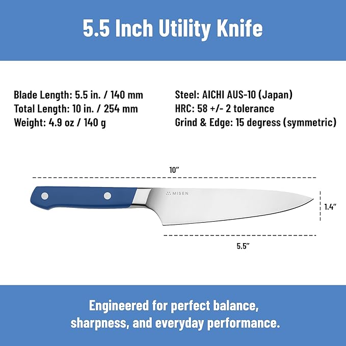 Misen 5.5" Utility Knife – High Carbon Japanese AUS-10 Stainless Steel – Hybrid German & Japanese Blade – Precision Kitchen Knife for Professionals & Home Cooks – Ultimate Cutting Performance - Blue
