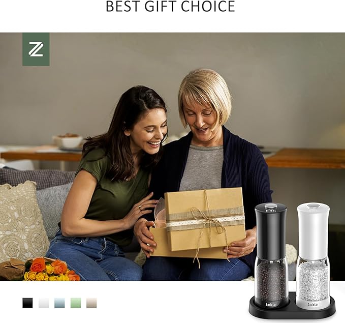 Salt and Pepper Grinder Set with LED Power Display Larger Capacity Salt and Pepper Shakers Set Rechargeable Electric with Flexible Coarsenes LED Light One Hand Operation for Kitchen(White+Black)