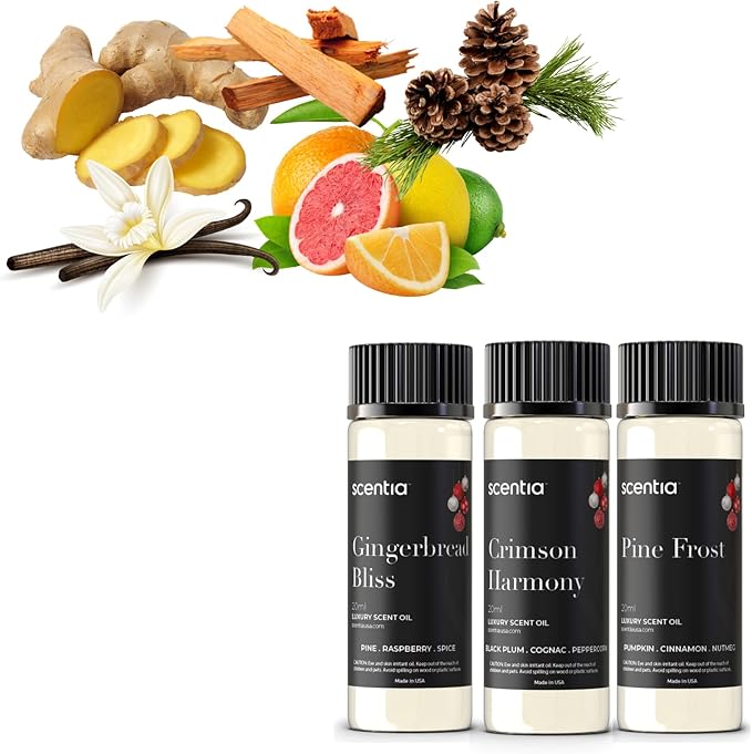 Christmas Fragrance Oil Set – Winter Essential Oils for Diffusers & Candle Making – Pine Frost, Gingerbread Bliss & Crimson Harmony – Holiday Gift Set – Made in USA – 3×20ml (2.03 fl oz)