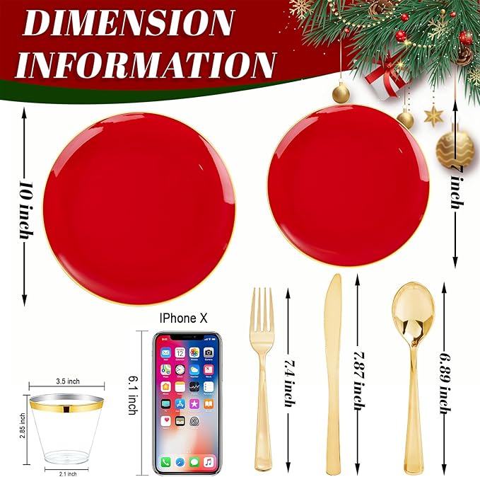 WDF 300Pcs Red Disposable Plates - Christmas Plates - 50guest Disposable Dinnerware Include 50 Dinner Plate, 50 Dessert Plate, 150 Cutlery & 50 9oz Cups for Christmas & Parties