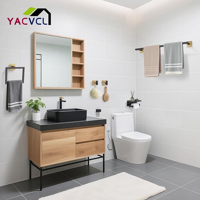 Black & Gold 5-Piece Bathroom Hardware Set – Stainless Steel Towel Bar & Holder