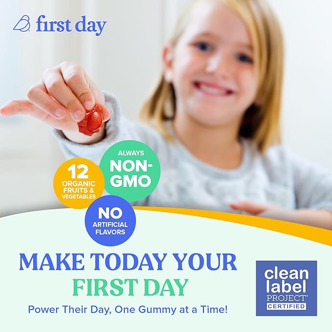 FIRST DAY Toddler Multivitamin Gummies (Ages 2-3)| Kids Multivitamin Gummies with Vitamins A C D3, B2, B12, Choline, Folate and 21 Organic Superfoods| (30 Day Supply)