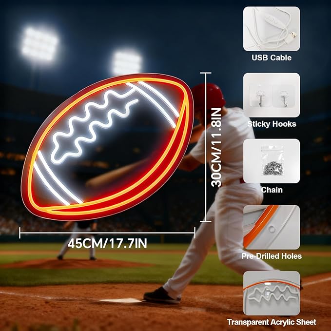 Football Neon Sign, Football-Shaped LED Neon Light for Wall Decor, USB Powered Light Up Sign for Man Cave, Boys & Teens Bedroom, Game Room Decor, Cool Football Gift for Fans, 17.7×11.8 inches