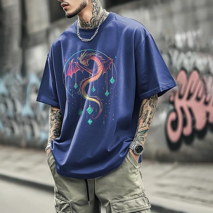 Mens Dragon Grpahic T-Shirts Short Sleeve 100% Cotton Crewneck Big and Tall Outdoor Summer Quick Dry Undershirts