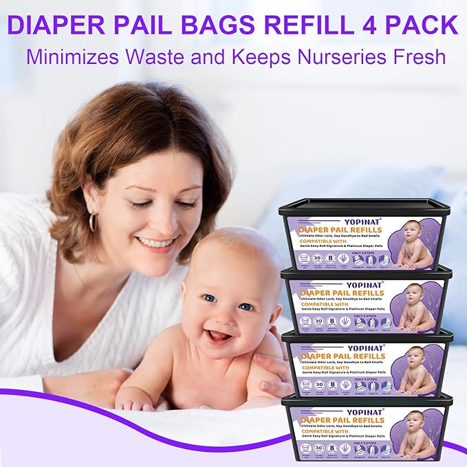 Diaper Easy Roll Bags Refill 4 Pack Compatible with Genie Easy Roll Signature & Platinum Pails 120 Refills Holds Up to 5600 Newborn Diapers Extra Thickness 7-Layer Odor-Lock Technology