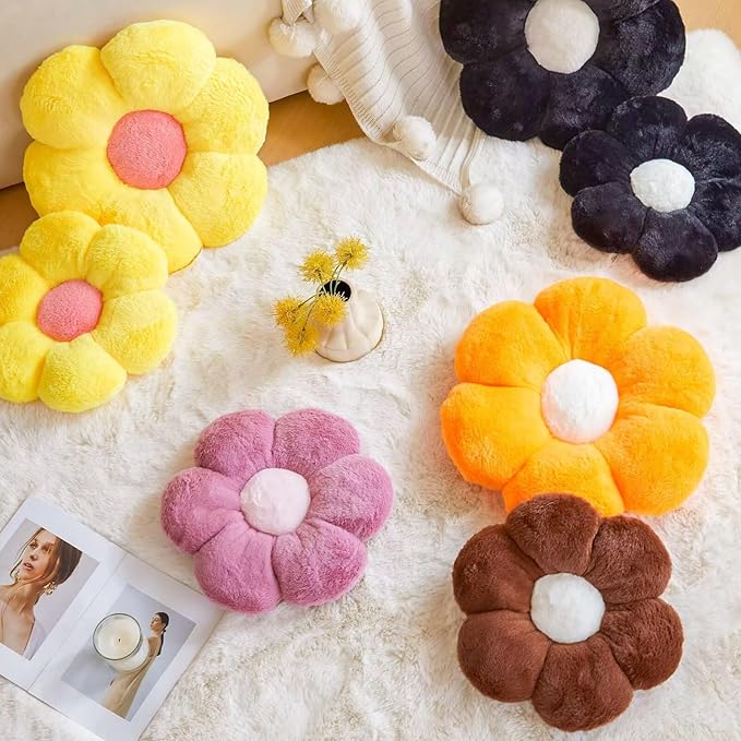 Black Flower Pillow, Cute Decorative Flower Shaped Throw Pillow with Faux Rabbit Fur, 19.6" Soft Daisy Plush Floor Cushion Aesthetic Room Decor for Bed Sofa Couch
