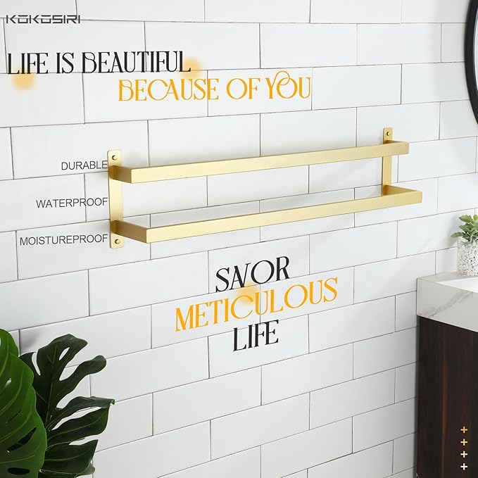 KOKOSIRI Bath Towel Bars Bathroom 2-Tiers Ladder Brushed Gold Towel Rails 32-Inch Towel Holders Wall Mounted Towels Shelves Rack Stainless Steel, B5008BG-L32