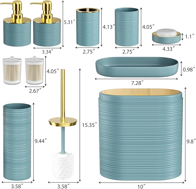 Bathroom Set, 10PC Bathroom Accessory Set, Light Blue Bathroom Accessories, Blue and Gold Bathroom Set with Trash Can, Soap Dispensers