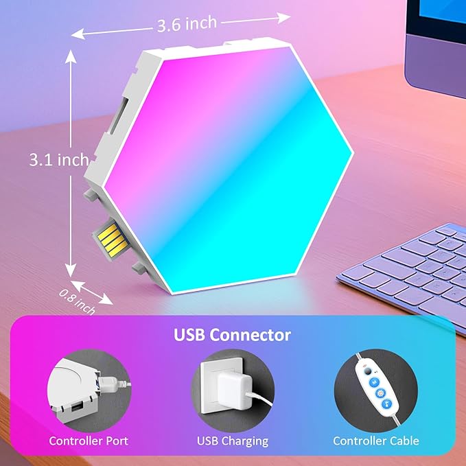 Hexagon LED Light Panels 8 Pack – Smart RGB Wall Lights with APP & Remote Control – Music Sync Modular Gaming Lights for Bedroom, Living Room, Wall Decor