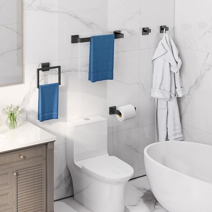 5-Piece Bathroom Hardware Accessories Set, Towel Racks for Bathroom Wall Mounted Stainless Steel, Matte Black Towel Bar Set 16In