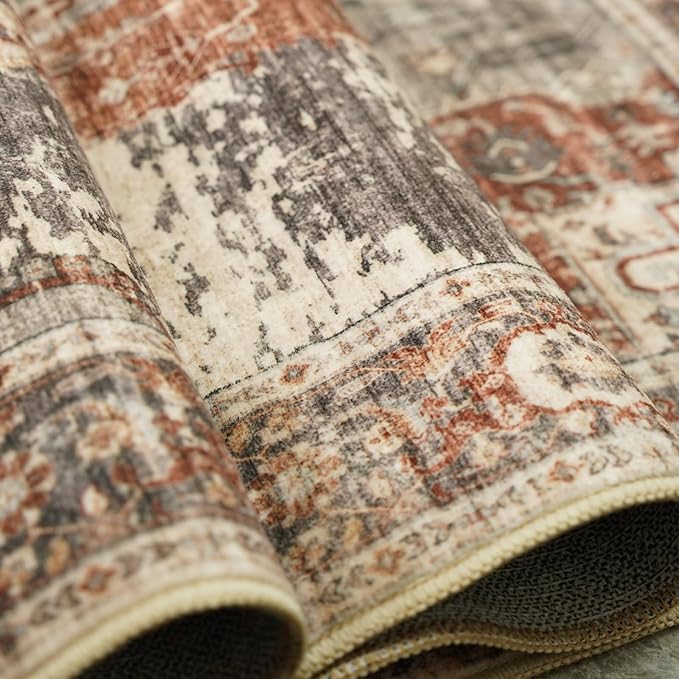 Living Room 4round Area Rugs - Boho Rugs for Bedroom Dining Room Stain Resistant Carpet Vintage Tribal Rugs for Kitchen Bathroom with Non Slip Backing Home Decor Floor Mat 4ft Brick