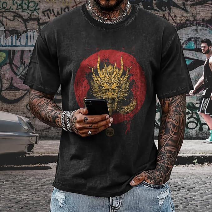 Mens Dragon Grpahic T-Shirts Short Sleeve 100% Cotton Crewneck Big and Tall Outdoor Summer Quick Dry Undershirts