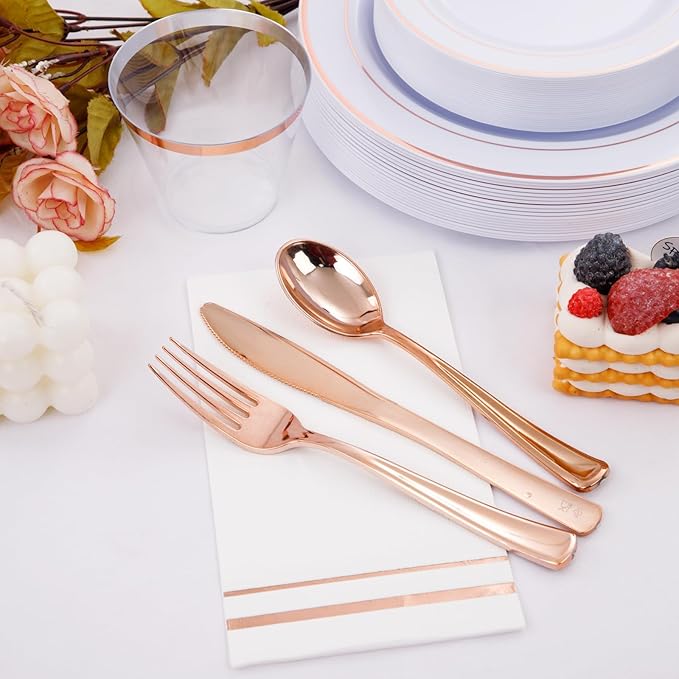 GATHER 350PCS Rose Gold Plastic Plates - Disposable Rose Gold Dinnerware Sets Includes 100 Gold Rimmed Plastic Plates, 150 Silverware, 50 Napkins, 50 Cups for Party, Wedding