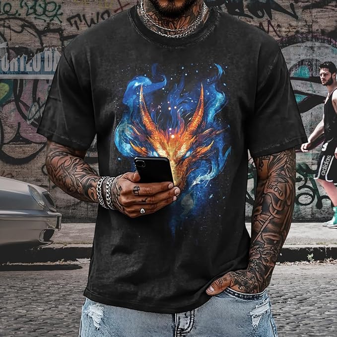 Mens Dragon Grpahic T-Shirts Short Sleeve 100% Cotton Crewneck Big and Tall Outdoor Summer Quick Dry Undershirts