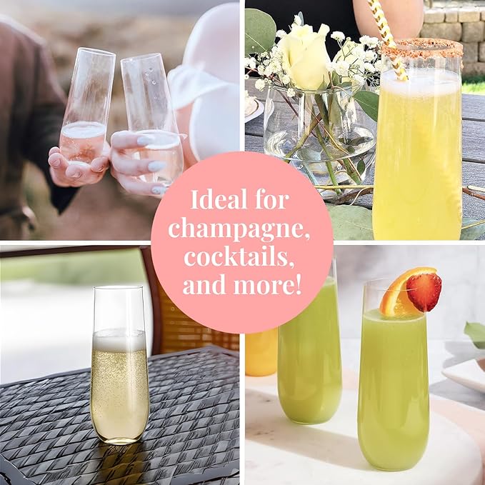 Prestee 48 Pack Plastic Champagne Flutes 9 oz - Stemless Disposable Champagne Flutes for Cocktails Mimosa Bar and Party Supplies - Clear Shatterproof Plastic Wine Glasses for Wedding and Summer Party