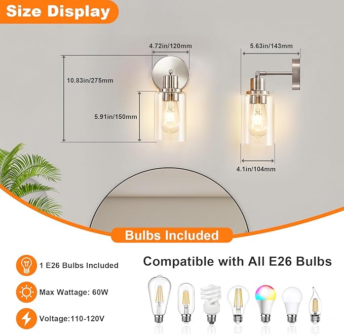 DLLT Wall Sconces Set of Two: Modern Bathroom Vanity Light Fixtures - Nickel Vanity Lights with Clear Glass Shade - Farmhouse Wall Lamp for Bedroom Living Room Mirror Hallway Kitchen