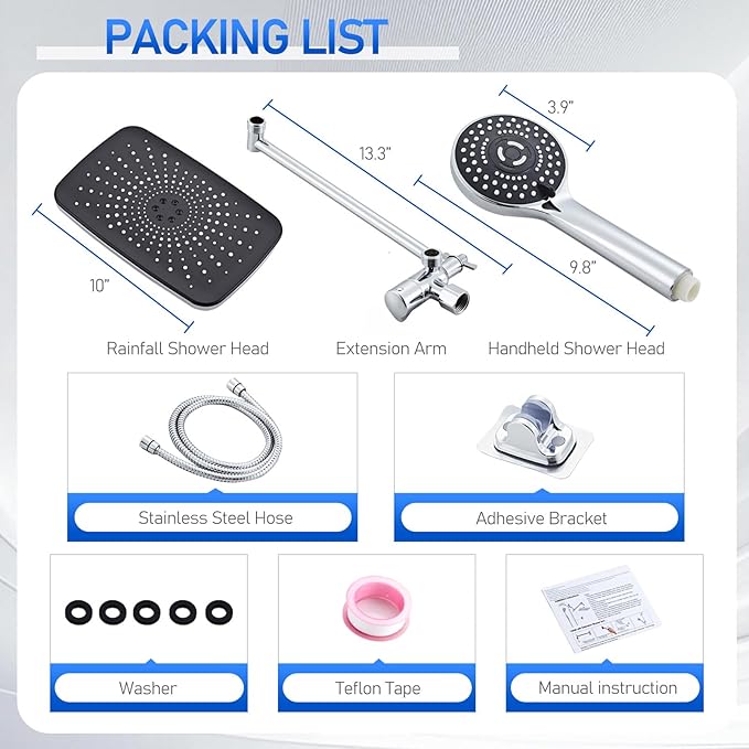 Wide Rain Shower Head With 5 Modes Handheld Showerheads, High Pressure Showerhead Combo with Extension Arm for Bathroom Accessories, Adjustable Shower Head with Anti-Clog Nozzles (Chrome)