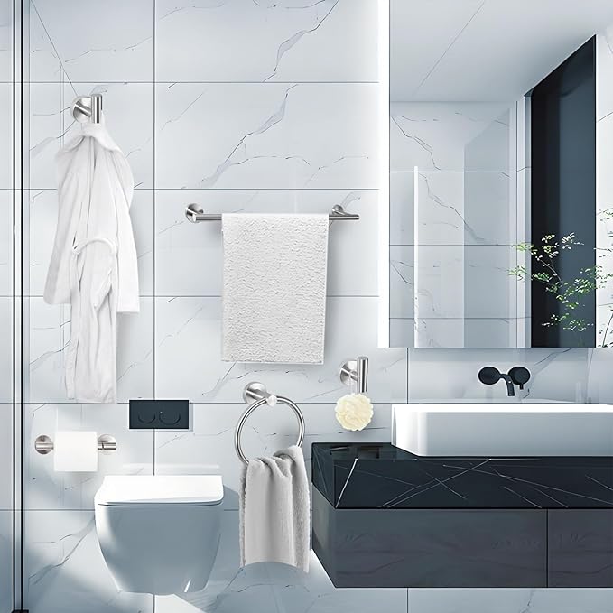 5-Piece Towel Racks for Bathroom, Stainless Steel Bathroom Accessories Set, Bathroom Towel Holder Wall Mounted, Sturdy Bath Towel Bar Set Bathroom Hardware Set (Chrome, 2 Pillar Paper Holder)