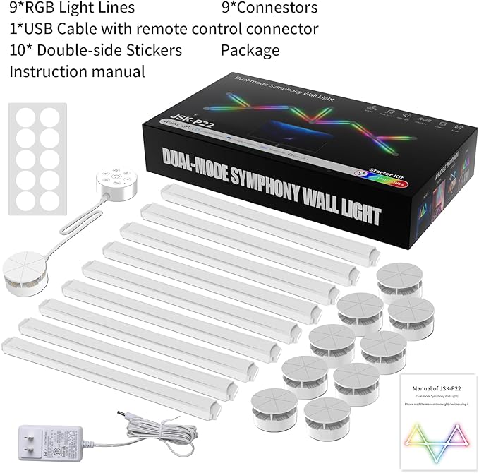 Smart WiFi Wall Light, DIY Geometry Splicing Gaming Lights Compatible with Alexa and Google Assistant, Music Sync & Voice Control, LED Wall Lights for Home Decor & Game Room, Bedroom (9 Lines, White)