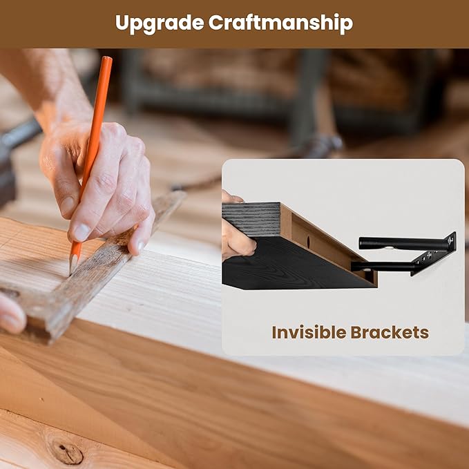 Axeman 16Inch Floating Shelves for Wall, 2 Pack Shelves for Bedroom, Bathroom, Kitchen, Hanging Wall Mounted Rustic Wood Shelf with Invisible Brackets for Books Decor, Black