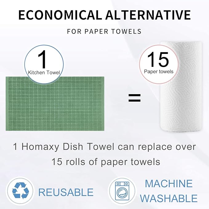 Homaxy 100% Cotton Terry Kitchen Towels(Grass Green, 20 x 28 inches), Checkered Designed, Soft and Super Absorbent Dish Towels, Large 6 Pack
