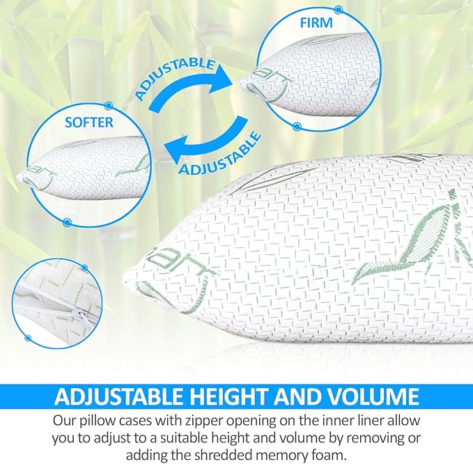 Queen Size Rayon Derived from Bamboo Pillow, Cooling Shredded Memory Foam Bed Pillows Sets for Back, Stomach, Side Sleepers, Adjustable to Soft/Firm, Washable Cover, Queen (Pack of 1)