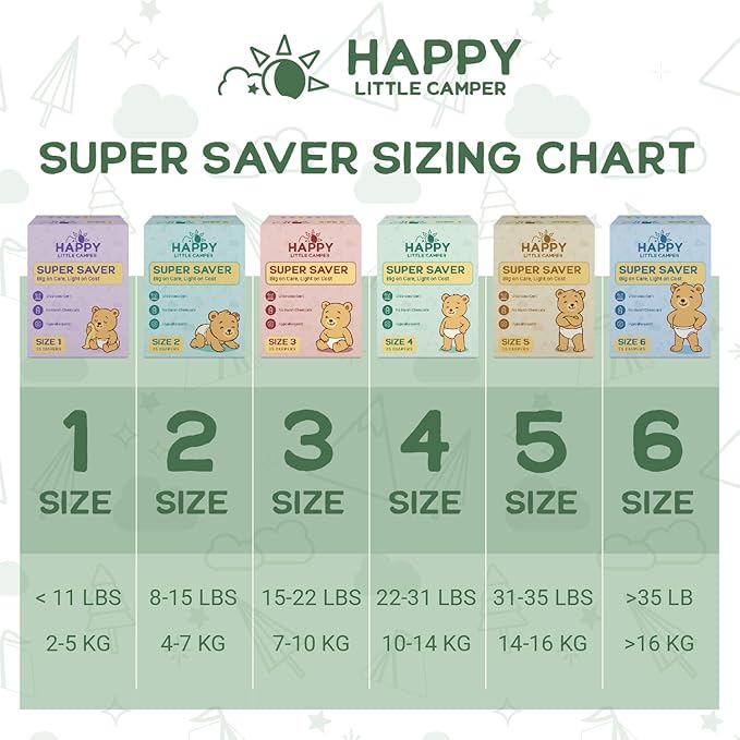 Happy Little Camper Super Saver Diapers, Size 6, 100 Count | Budget-Friendly Disposable Baby Diapers for Sensitive Skin | Hypoallergenic, Fragrance-Free, Ultra Absorbent