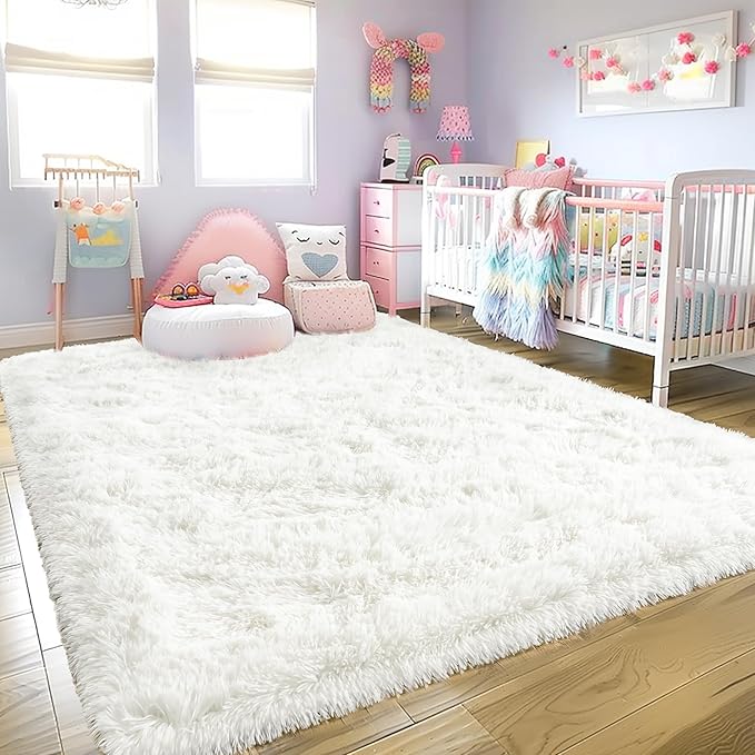 Ultra Fluffy Area Rugs for Living Room Bedroom, 6x9 Fuzzy Large Living Room Rugs, Thick Shag Rug for Dorm, Soft Non Slip Kids Girls Boys Rug for Home Decor Aesthetic, Cream White