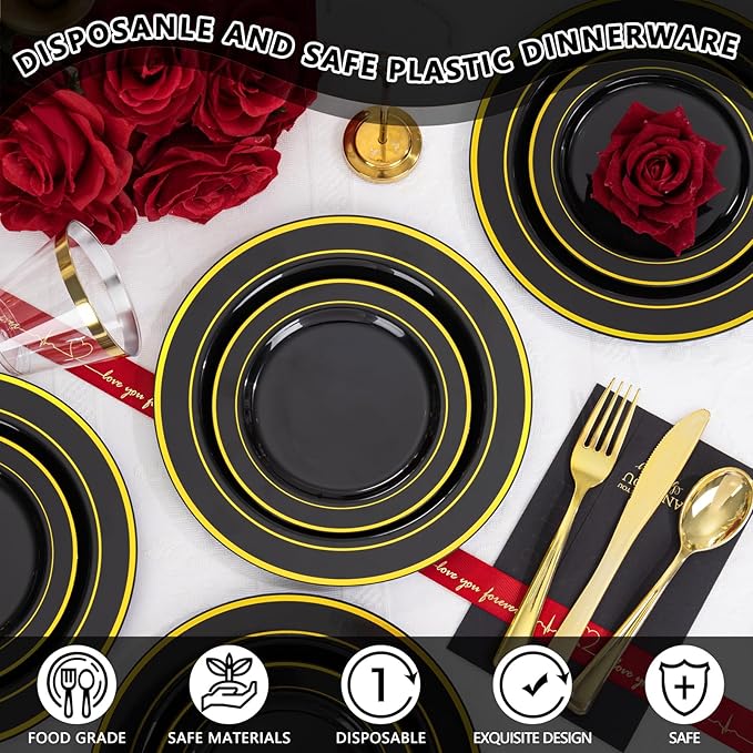 GATHER 350PCS Black Plastic Plates - Black and Gold Disposable Dinnerware Set Include 100 Plates, 150 Gold Silverware, 50 Napkins, 50 Cups for Party & Wedding & Birthday & New Year
