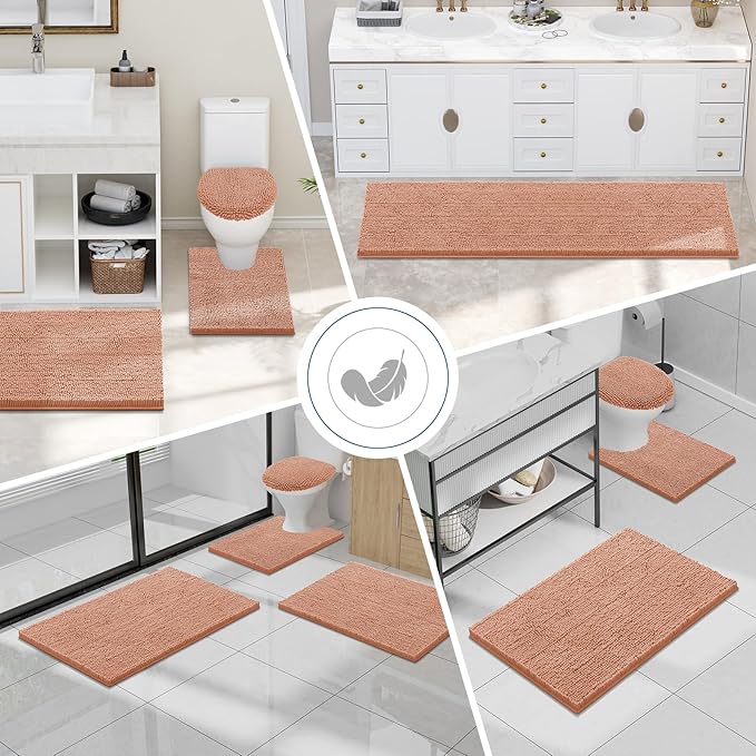 Smiry Luxury Chenille Bathroom Rugs 30x20, Extra Soft and Absorbent Shaggy Bath Mat, Machine Washable, Non-Slip Plush Carpet Runner for Tub, Shower, and Floor, Home Decor Accessories, Peach