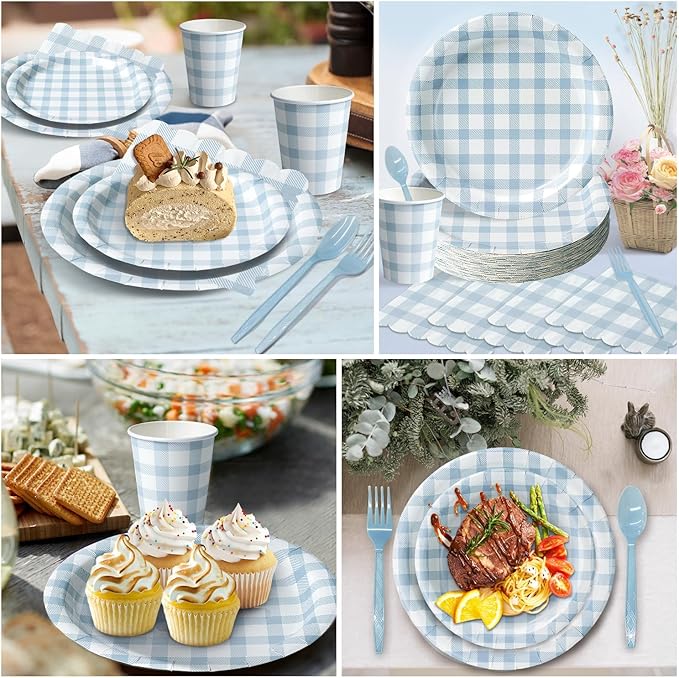 Vyntra 350 PCS Blue Gingham Party Supplies, Disposable 7 & 9 In Plates and Napkins, Cups, Knives, Forks, Spoons for Boy Birthday, Summer Picnic, Pool Party (Blue, Serves 50)