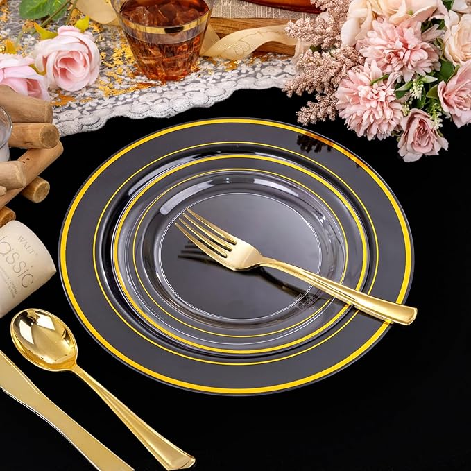 WELLIFE 350Pcs Clear and Gold Plastic Plates for 50 Guests - Disposable Plates for Party, Includes 100 Gold plates,150 Plastic Silverware, 50 Napkins, 50Cups, Disposable Dinnerware Set