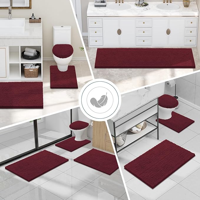 Smiry Luxury Chenille Bathroom Rugs 50x30, Extra Soft and Absorbent Shaggy Bath Mat, Machine Washable, Non-Slip Plush Carpet Runner for Tub, Shower, and Floor, Home Decor Accessories, Burgundy