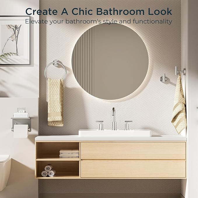 FORIOUS Bathroom Hardware Accessories Set, SUS304 Stainless Steel 24 Inch Towel Bar Set Wall Mounted, Modern Toilet Paper Holder with Shelf for Bathroom, 5 Pieces (Stainless Steel)