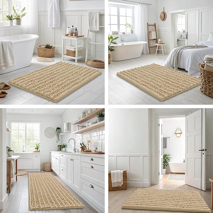 Smiry Bathroom Rugs Mat 47x17, Extra Soft Absorbent Chenille Bath Rugs, Non Slip Rubber Backing Machine Washable Quick Dry Bath Mats for Bathroom Floor, Tub, Shower, Home Decor Accessories, Beige