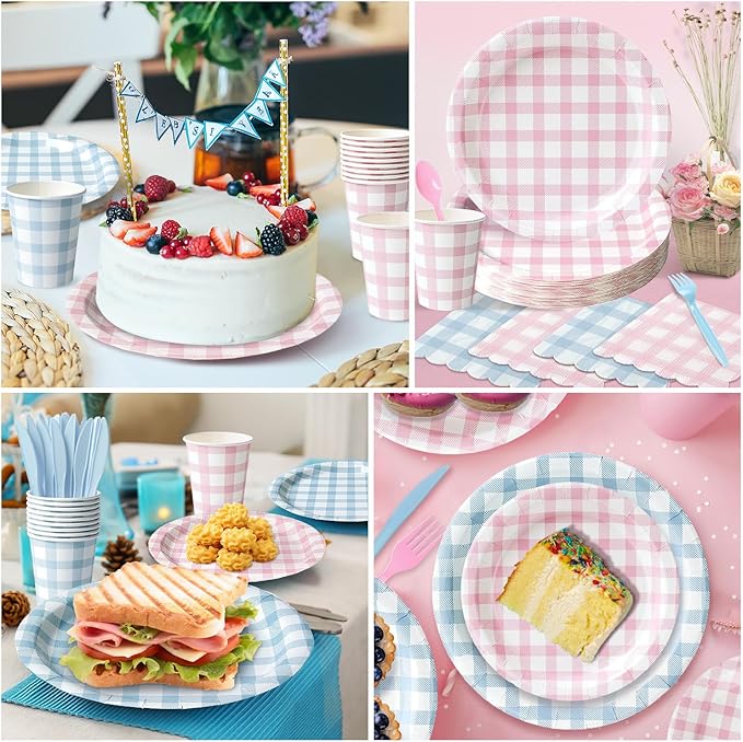 Vyntra 350 PCS Pink & Blue Gingham Party Supplies, Disposable 7 & 9 In Plates and Napkins, Cups, Knives, Forks, Spoons for Gender Reveal, Baby Shower, Birthday (Pink and Blue, Serves 50)