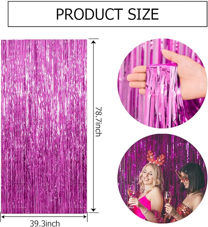 20 Pack Hot Pink Party Decorations - Tinsel Curtain Streamers Foil Fringe Backdrop for Birthday, Christmas, Bachelorette, Graduation, Fiesta Photo Booth