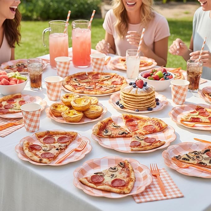 125Pcs Orange Gingham Plates, Disposable Fall Plaid Dinnerware with Plates, Napkins, Forks and Cups Orange and White Checkered Party Supplies for Harvest Thanksgiving Party