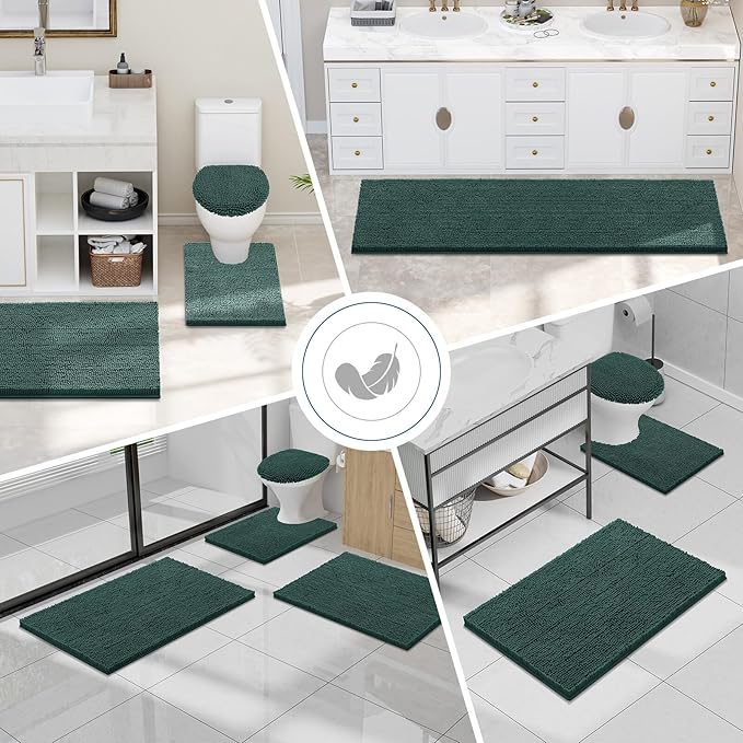 Smiry Luxury Chenille Bathroom Rugs 59x20, Extra Soft and Absorbent Shaggy Bath Mat, Machine Washable, Non-Slip Plush Carpet Runner for Tub, Shower, and Floor, Home Decor Accessories, Green