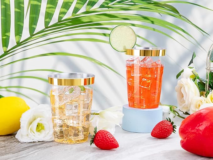 Ciaell 120PCS Gold Plastic Cups - 12Oz Heavy Duty Plastic Cup - Disposable Gold Rimmed Cups - Premium Gold Rim Cup Perfect for Wedding & Party & Christmas