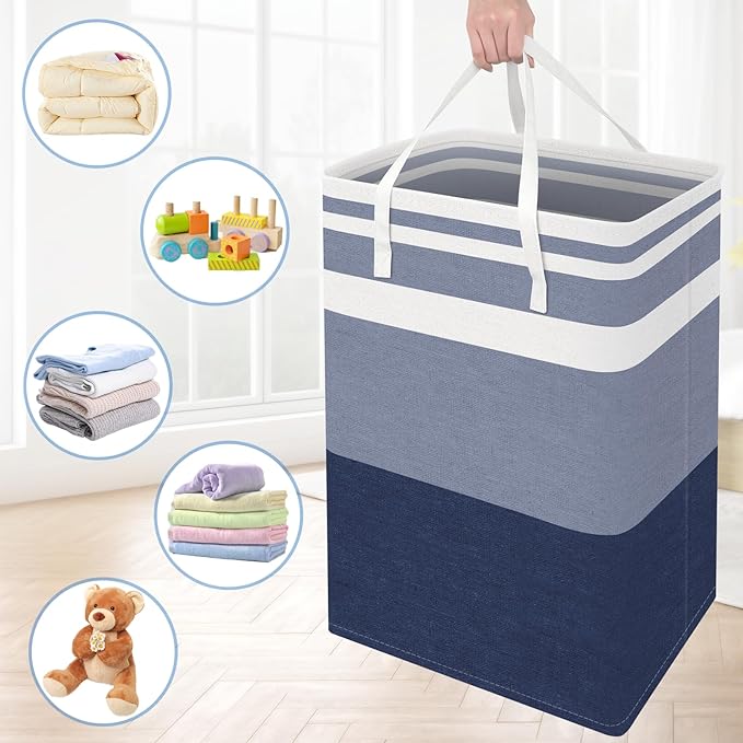 BlissTotes 3-Pack Laundry Basket, Freestanding&Waterproof Laundry Hamper, Collapsible Tall Clothes Hamper with Easy Carry Handles for Clothes, Towels in the Family and Dorm,Gradient Blue,100L