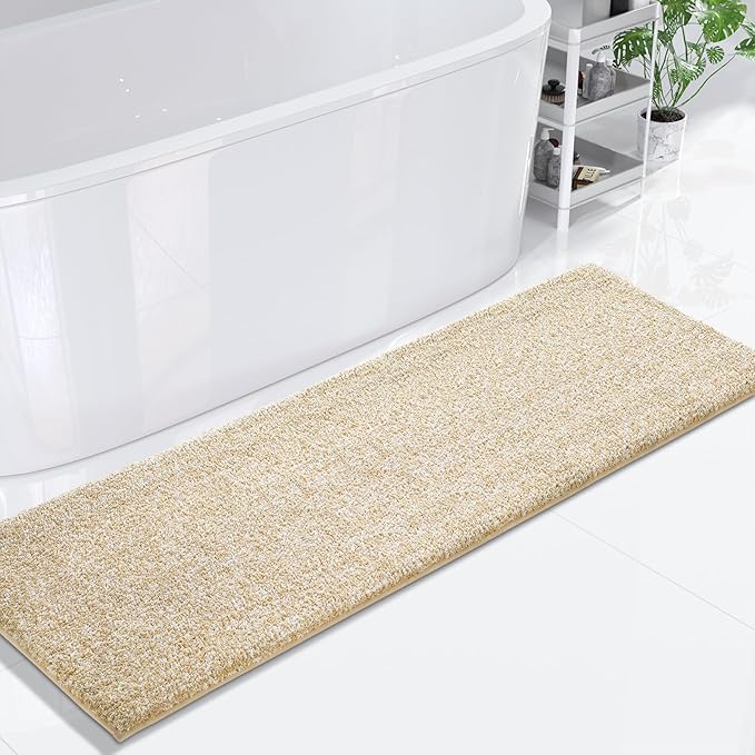 Yimobra Bathroom Runner Rug Non Slip Washable, Soft Absorbent Microfiber Long Bath Mat, Dual-Tone Decor Rug with Rubber Backing for Floor,Tub and Hallway,70x24,Home Essentials,Light Beige and White