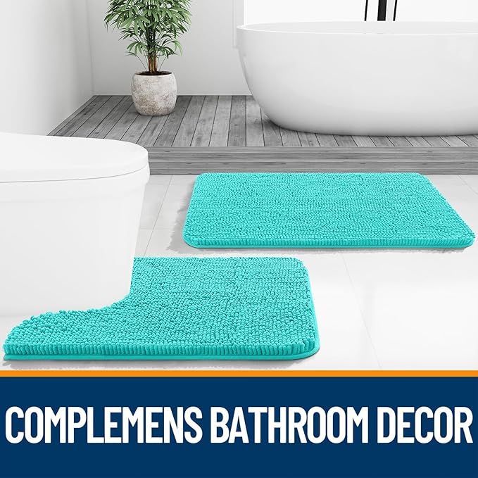 OLANLY Bathroom Rugs Sets 3 Piece, Soft Absorbent Chenille Bath Mats and U-Shaped Contour Toilet Rug, Quick Dry, Home Decor Accessories, Bath Mat Set for Bathroom (36"x24"+24"x16"+24"x20", Teal)