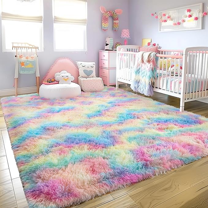 8x10 Large Area Rugs for Living Room, Ultra Fluffy Shag Rug for Bedroom, Modern Plush Soft Carpet for Girls Boys Kids Room Dorm Fuzzy Non Slip Rug for Home Decor Aesthetic, Rainbow