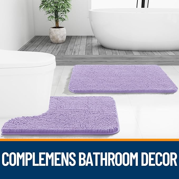 OLANLY Bathroom Rugs Sets 3 Piece, Soft Absorbent Chenille Bath Mats and U-Shaped Contour Toilet Rug, Quick Dry, Home Decor Accessories, Bath Mat Set for Bathroom (30"x20"+24"x16"+24"x20", Lavender)