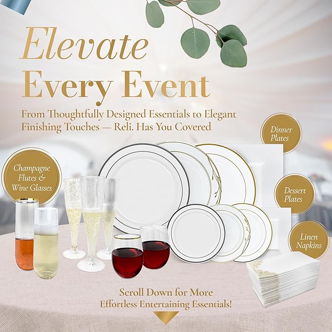 Reli. Plastic Plates for Party | 210 Pieces | White w/Gold Rim | Plates and Napkins Party Supplies | Disposable Dinnerware Set for 30 Guests | Dinner & Dessert Pack, Pre-Rolled Gold Cutlery Set, Cups